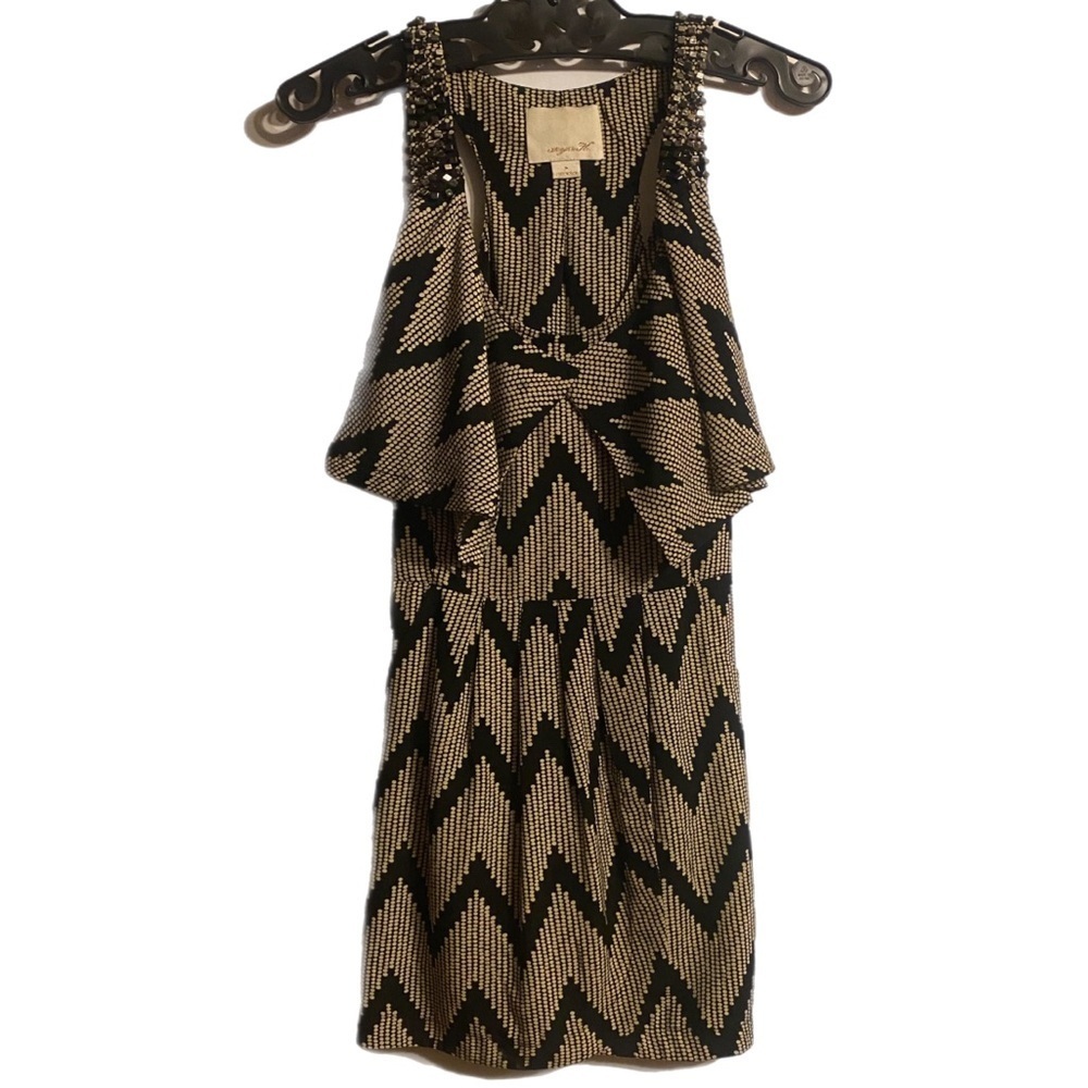 Aryeh Deco Chevron Layered Mini Dress Black Tan S